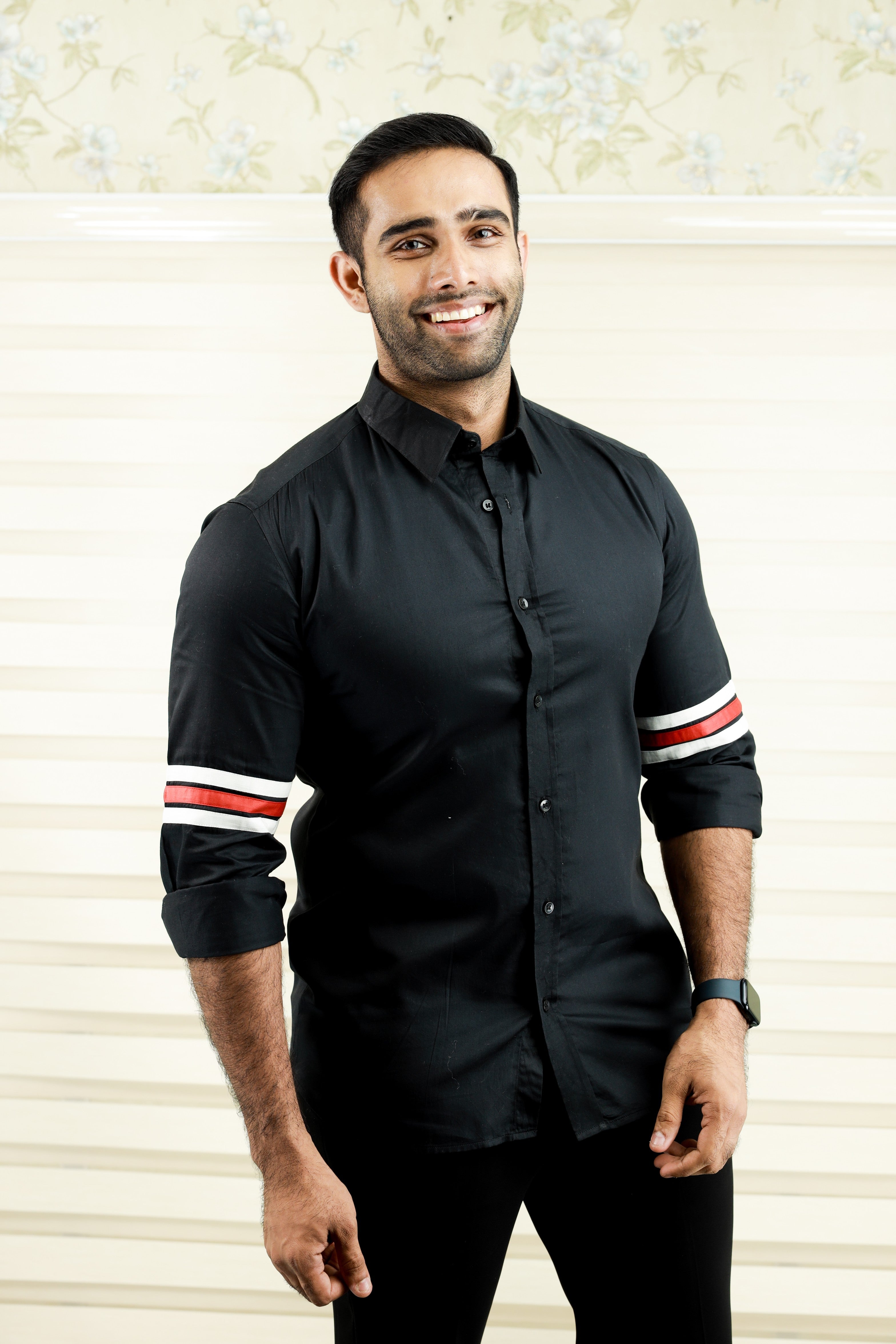 Onyx Black Cutaway Collar Shirt  with Sleeve Detailing in White & Red (Only Shirt)