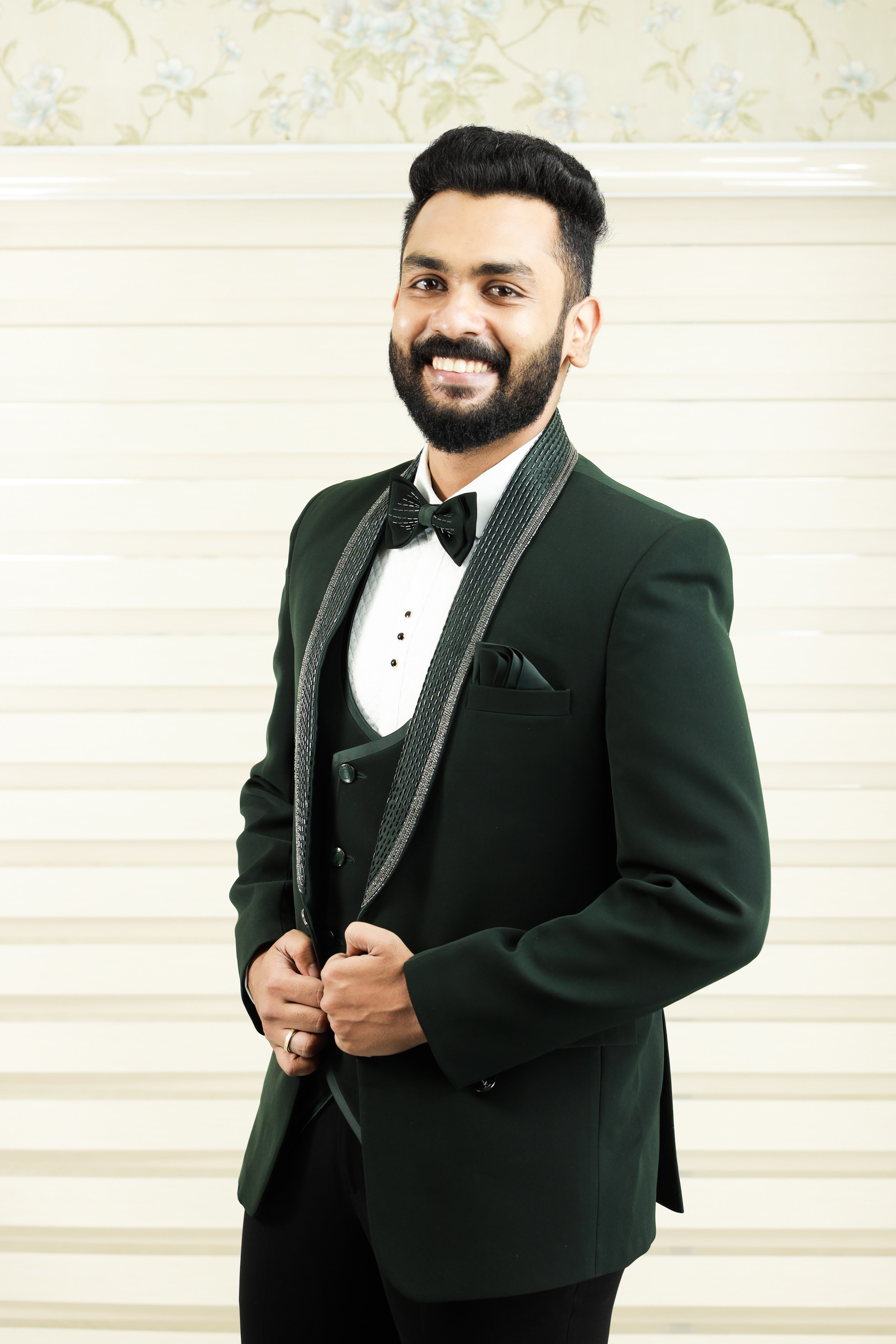 Dark Pine Green 3 Piece Tuxedo Suit with Handwork detailing on Lapel
