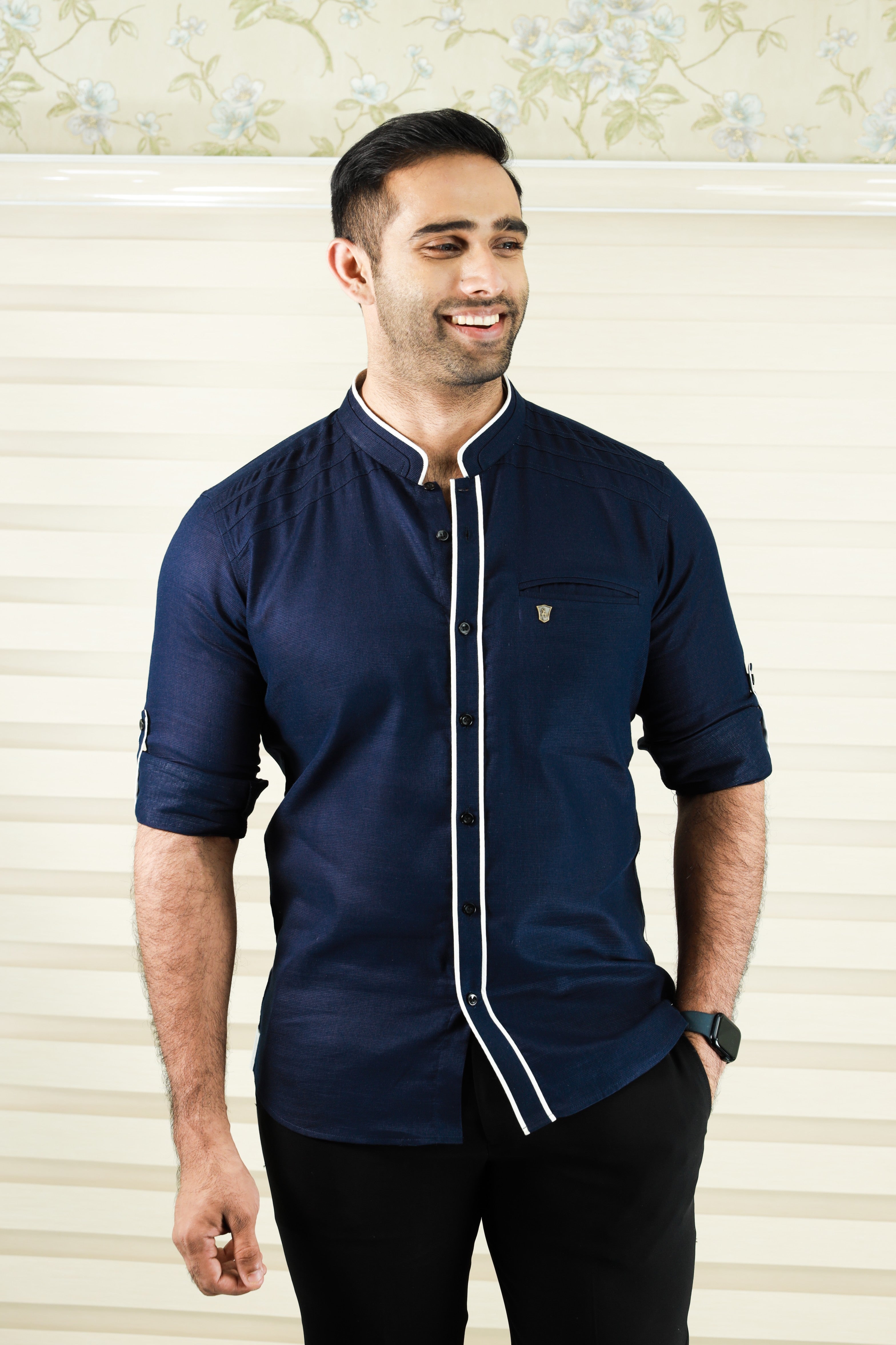 Dark Blue Shirt with  White Contrast Detailing on Neck & Placket (Only Shirt)