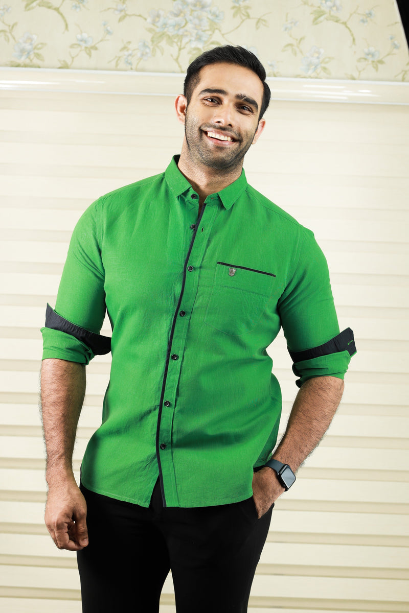 Forest Green Cutaway Collar Shirt with Balck Contrast detailing on Placket, Pocket & Cuff (Shirt + Black Pants)