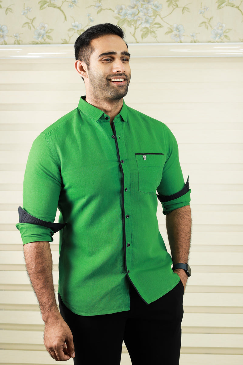 Forest Green Cutaway Collar Shirt with Balck Contrast detailing on Placket, Pocket & Cuff (Only Shirt)