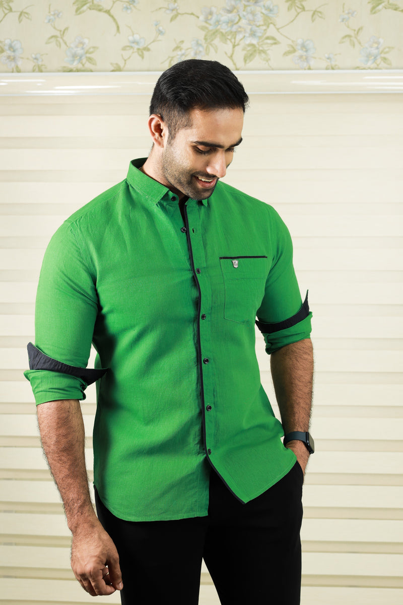 Forest Green Cutaway Collar Shirt with Balck Contrast detailing on Placket, Pocket & Cuff (Only Shirt)