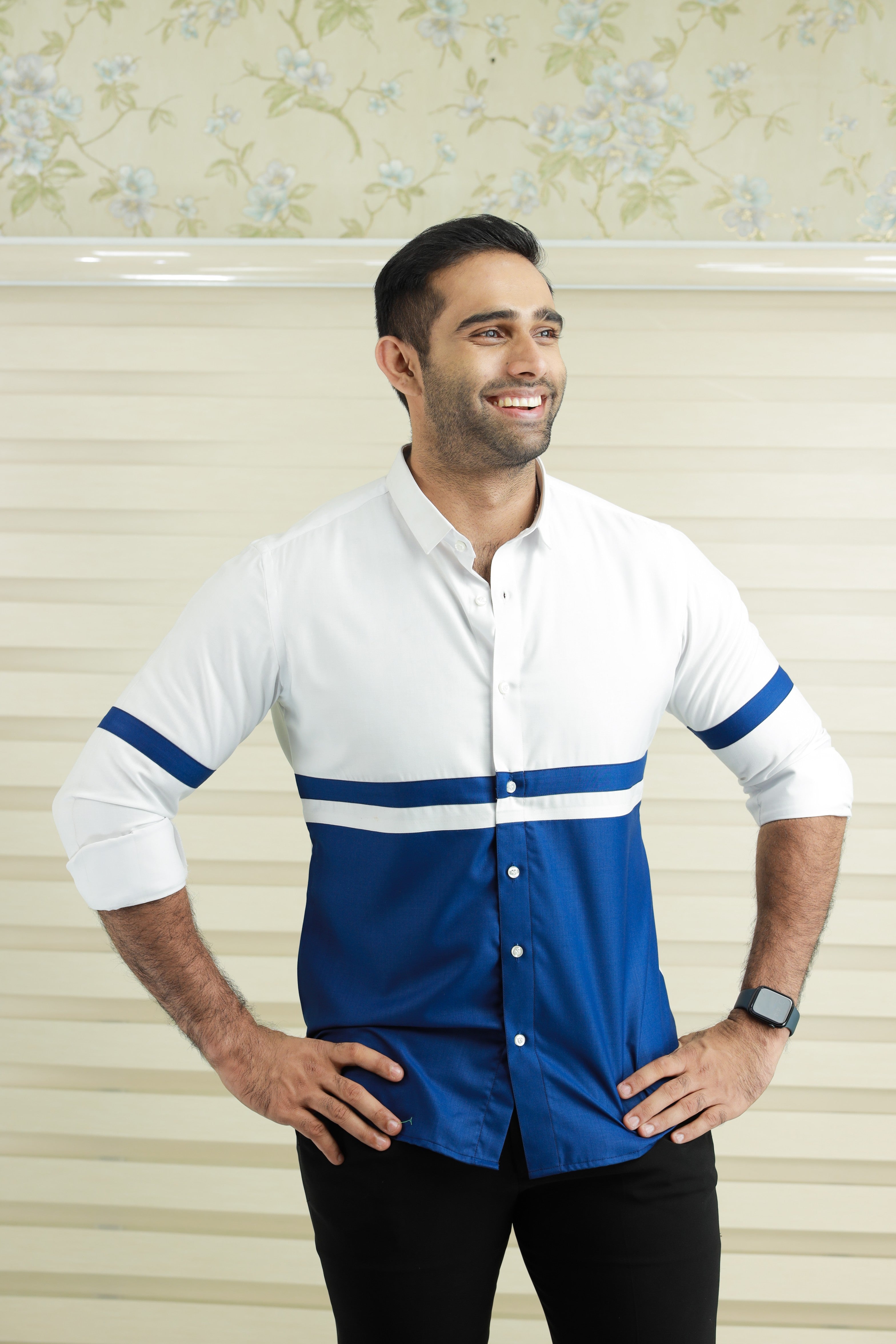 Two Tone Cutaway Collar  Designer Shirt  (Shirt + Black Pants)