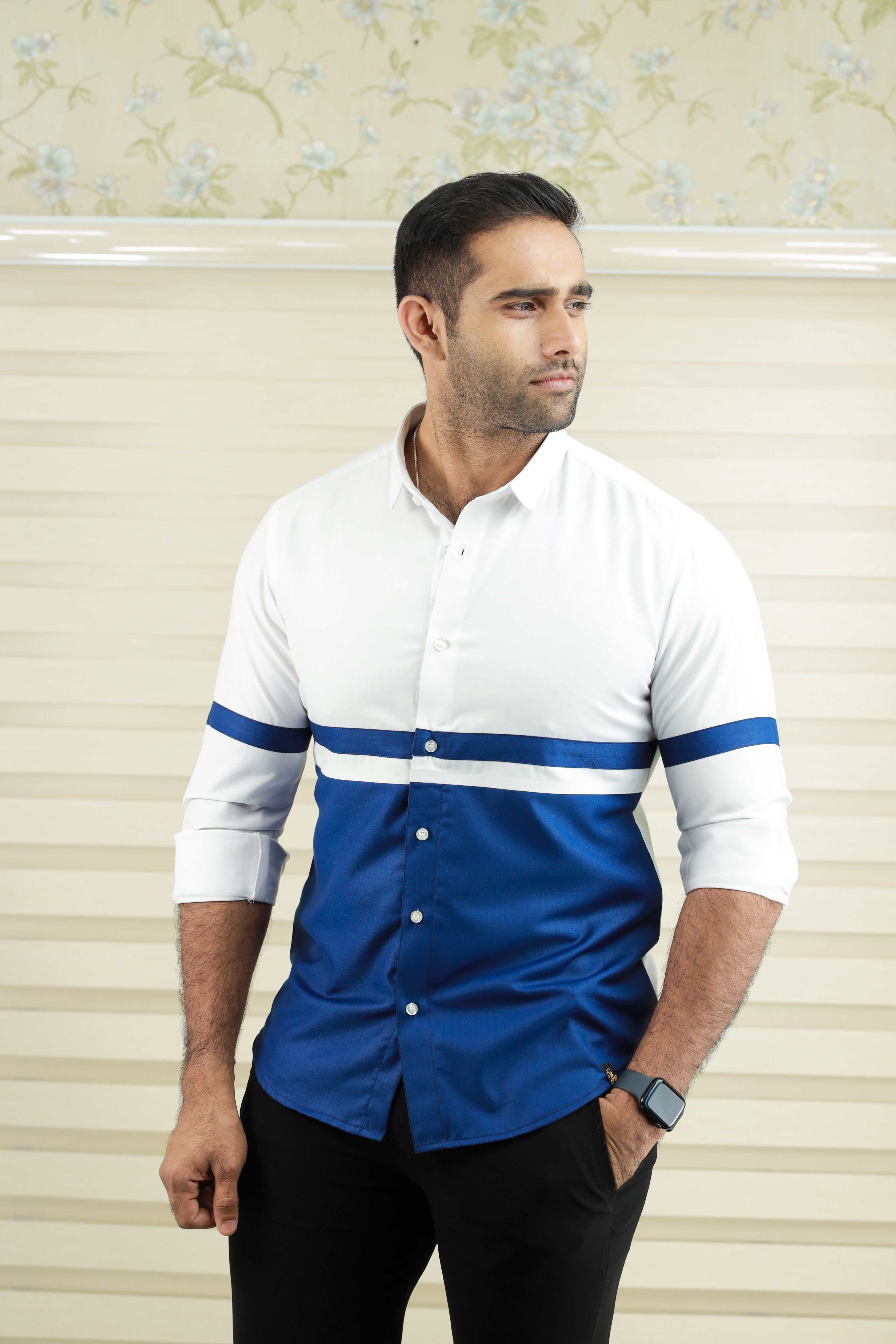 Two Tone Cutaway Collar  Designer Shirt  (Shirt + Black Pants)