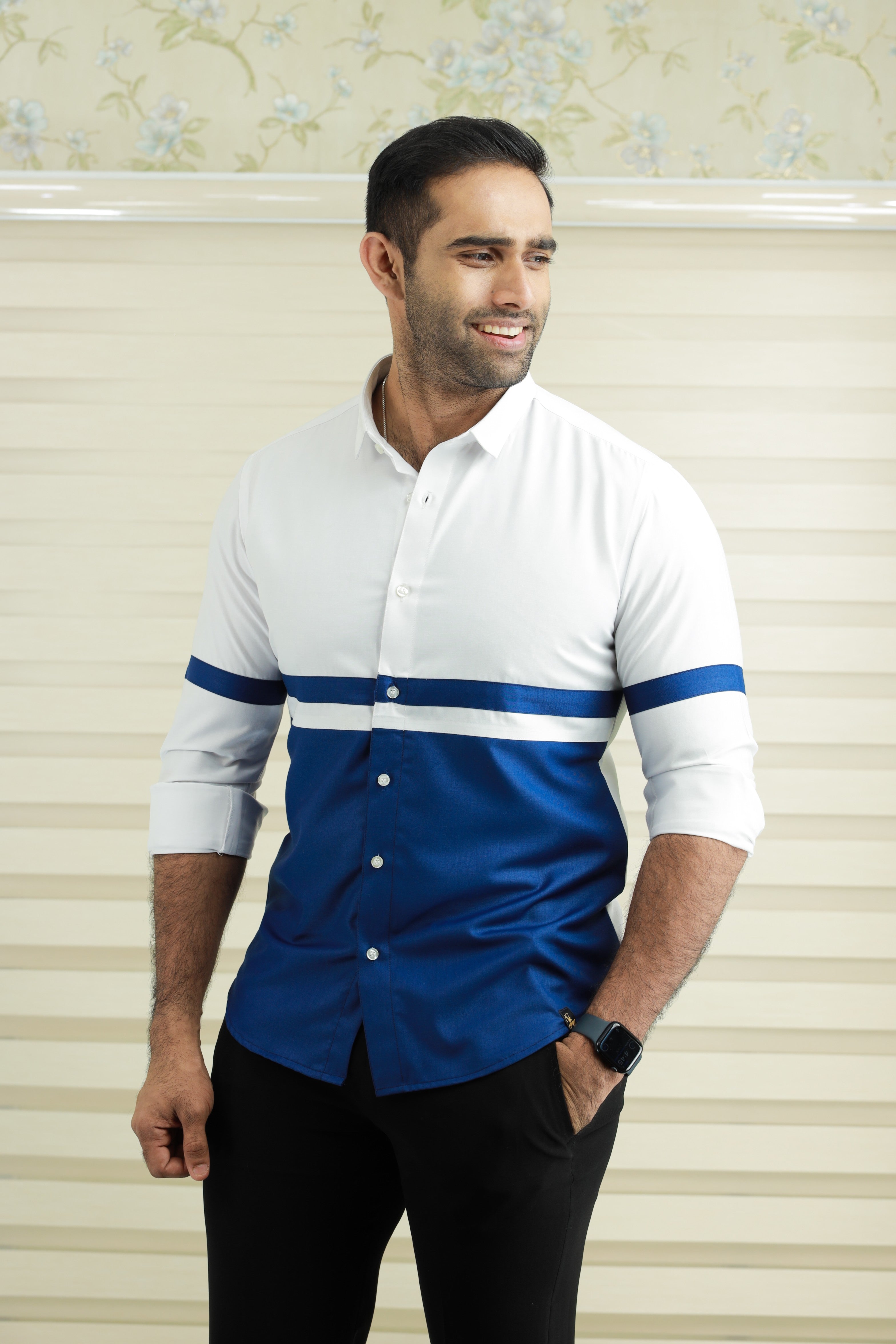 Two Tone Cutaway Collar  Designer Shirt  (Shirt + Black Pants)