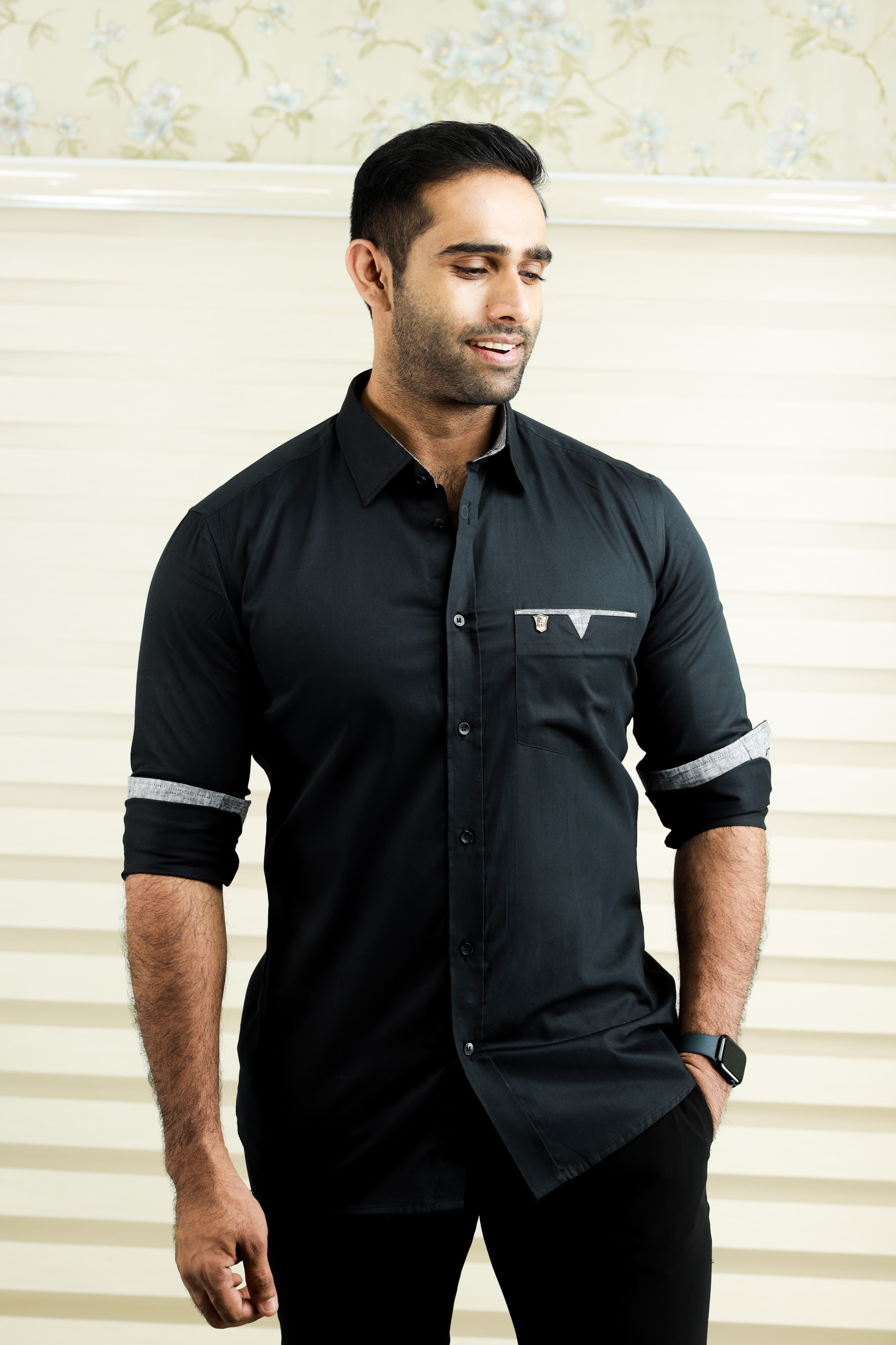 Onyx Black Cutaway Collar Shirt  with Grey Detailing on Pocket & Cuff (Only Shirt)