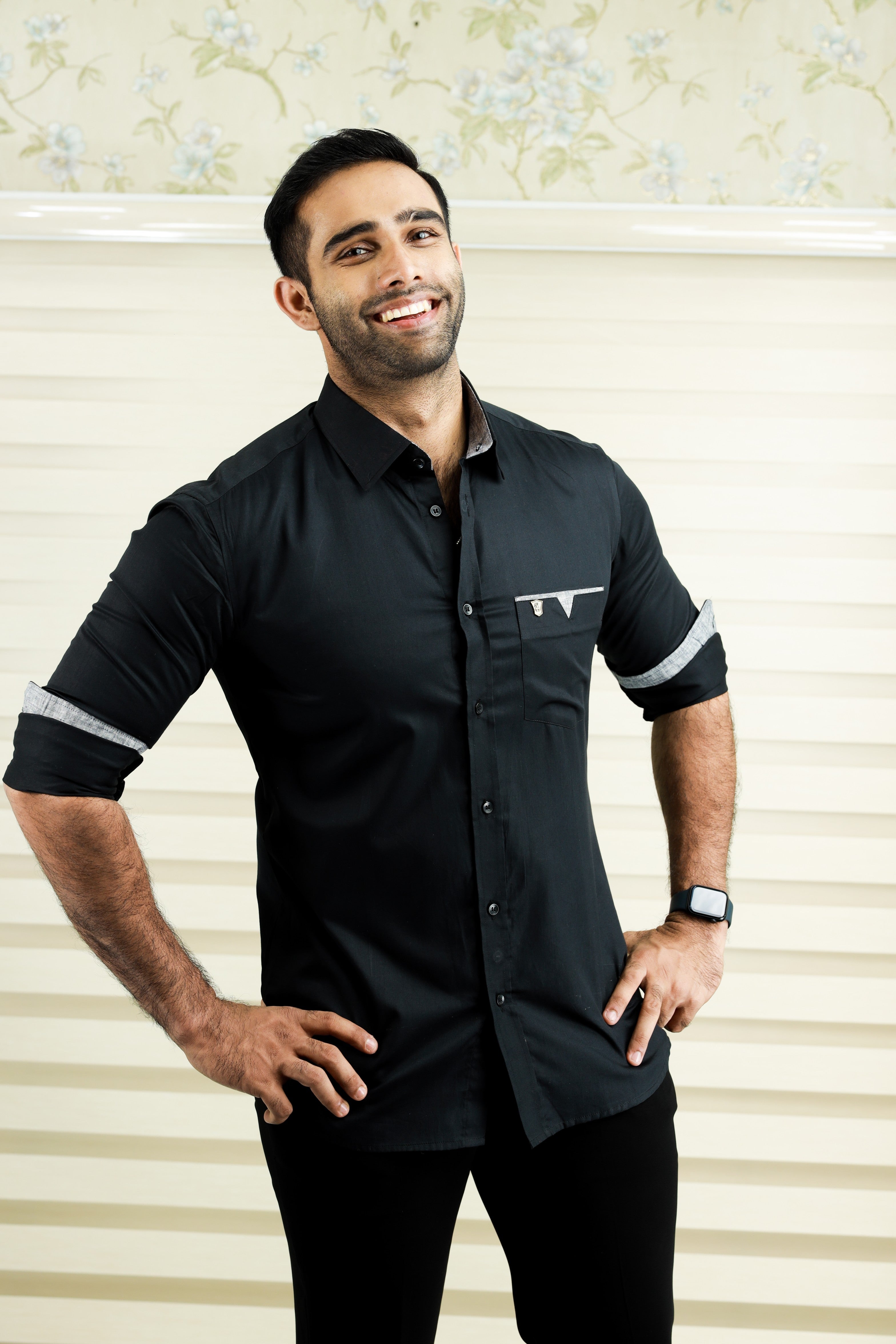Onyx Black Cutaway Collar Shirt  with Grey Detailing on Pocket & Cuff (Only Shirt)