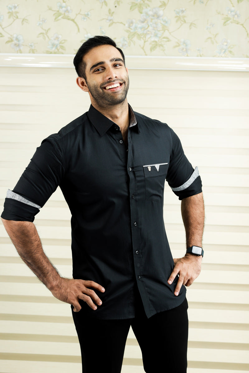 Onyx Black Cutaway Collar Shirt  with Grey Detailing on Pocket & Cuff (Shirt + Black Pants)
