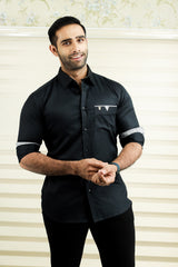 Onyx Black Cutaway Collar Shirt  with Grey Detailing on Pocket & Cuff (Only Shirt)