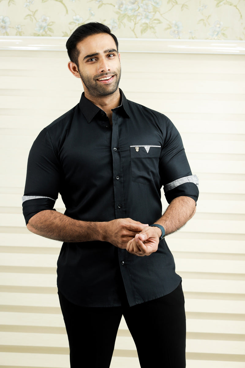 Onyx Black Cutaway Collar Shirt  with Grey Detailing on Pocket & Cuff (Shirt + Black Pants)