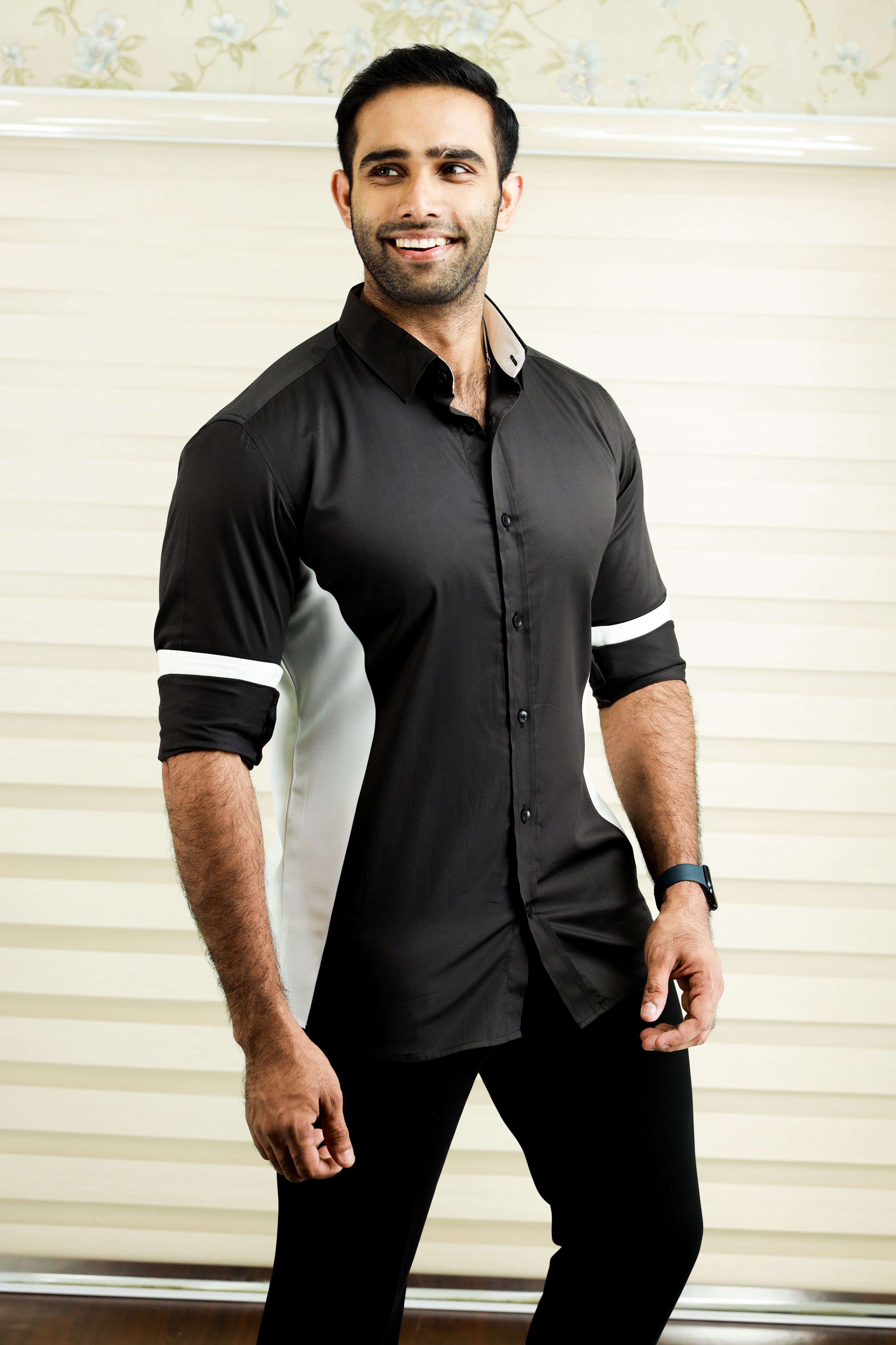 Charcoal Black Side Silhouette Cut Shirt with White Contrast Detailing