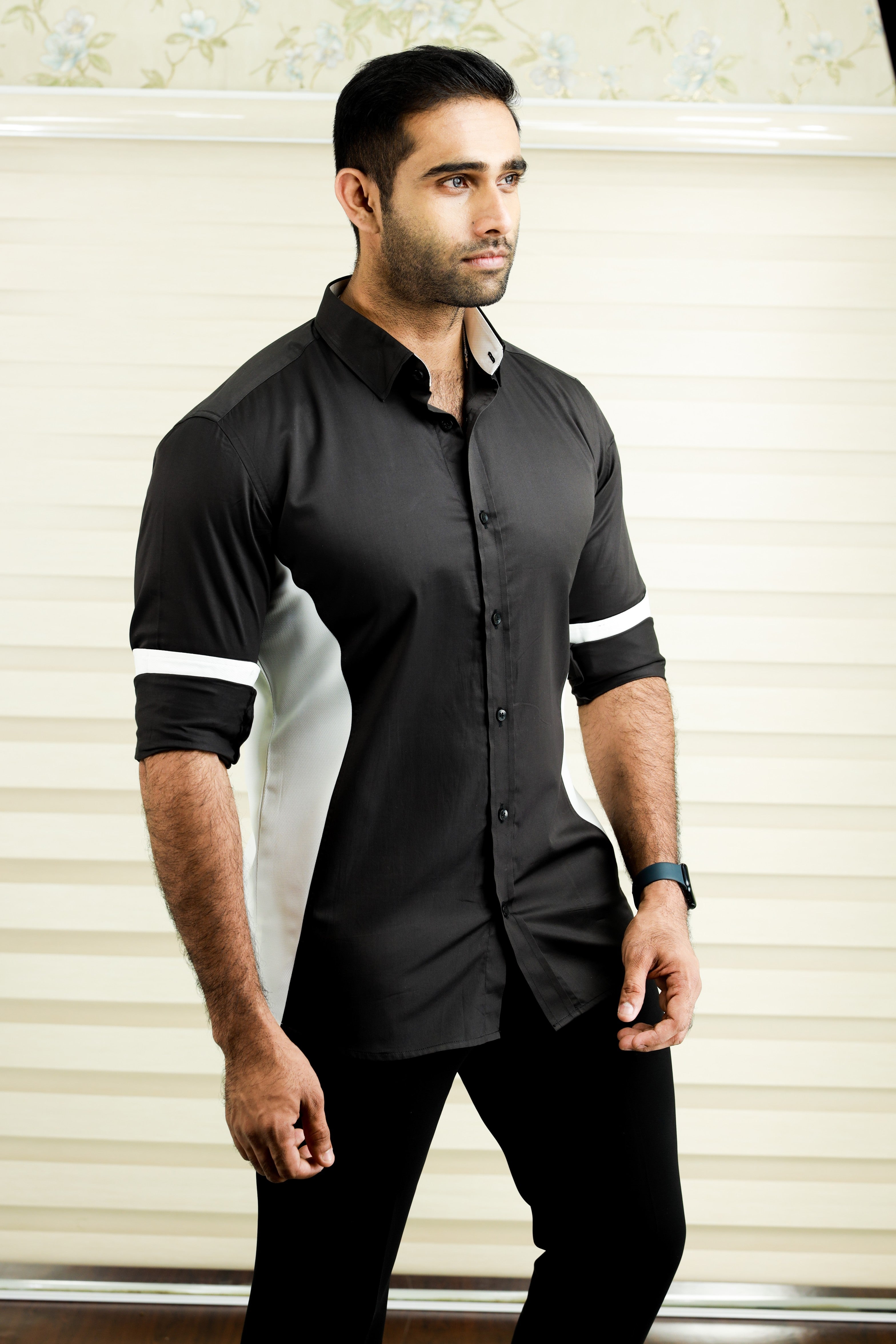 Charcoal Black Side Silhouette Cut Shirt with White Contrast Detailing (Only Shirt)