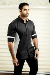 Charcoal Black Side Silhouette Cut Shirt with White Contrast Detailing (Shirt + Black Pants)