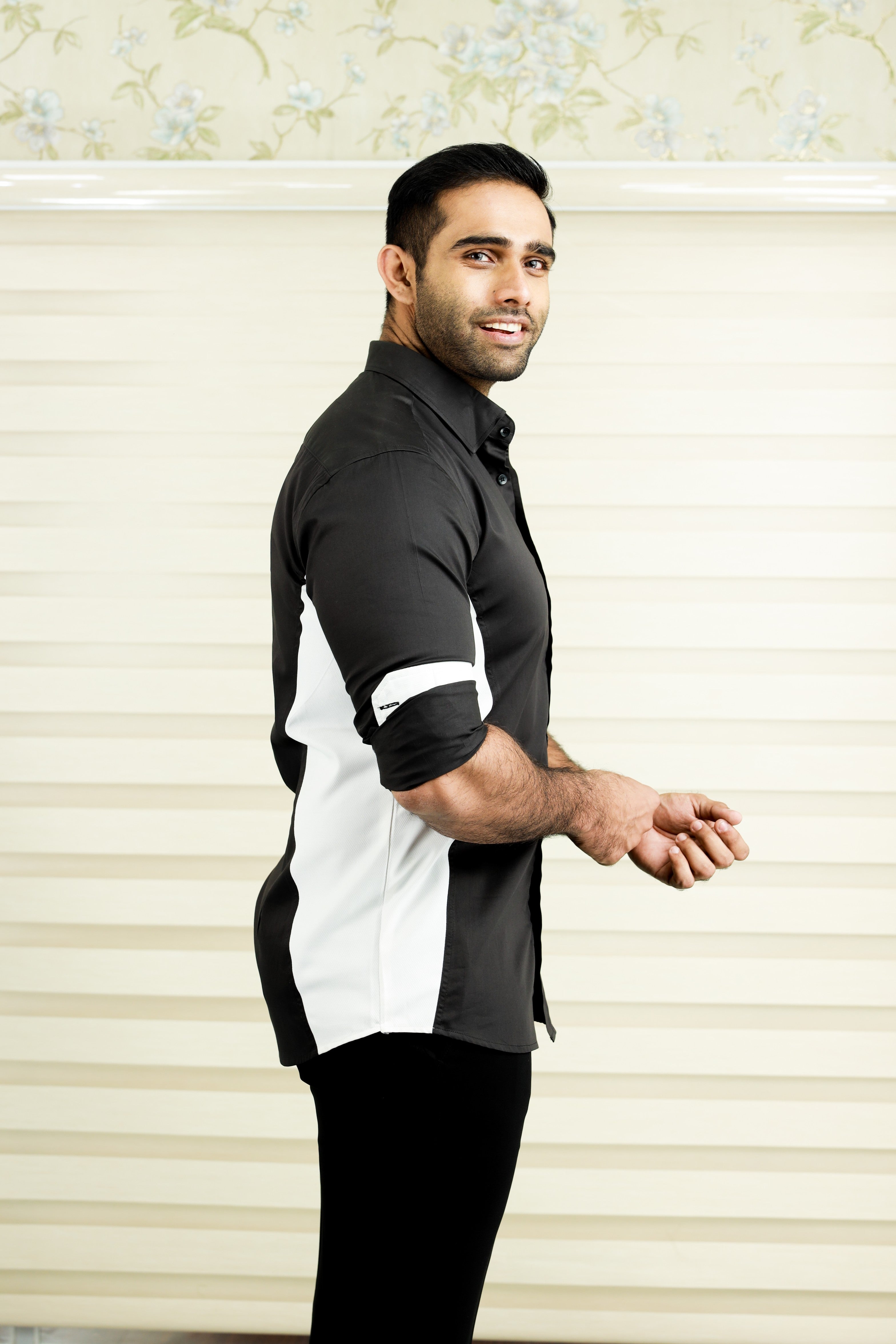 Charcoal Black Side Silhouette Cut Shirt with White Contrast Detailing