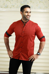 Crimson Red Chinese Collar Shirt with Black Contrast Detailing on Neck, placket & Cuff (Only Shirt)