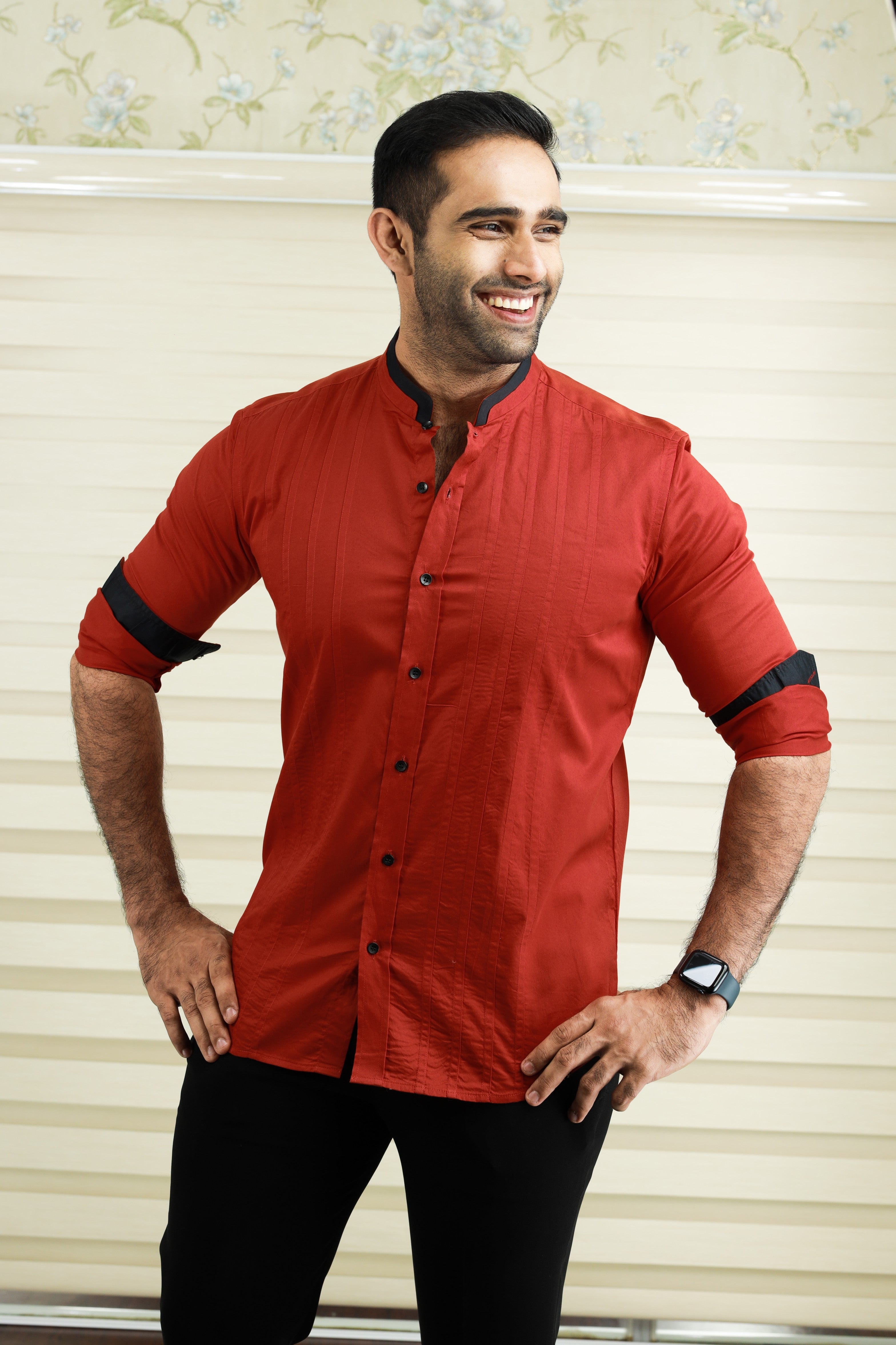 Crimson Red Chinese Collar Shirt with Black Contrast Detailing on Neck, placket & Cuff