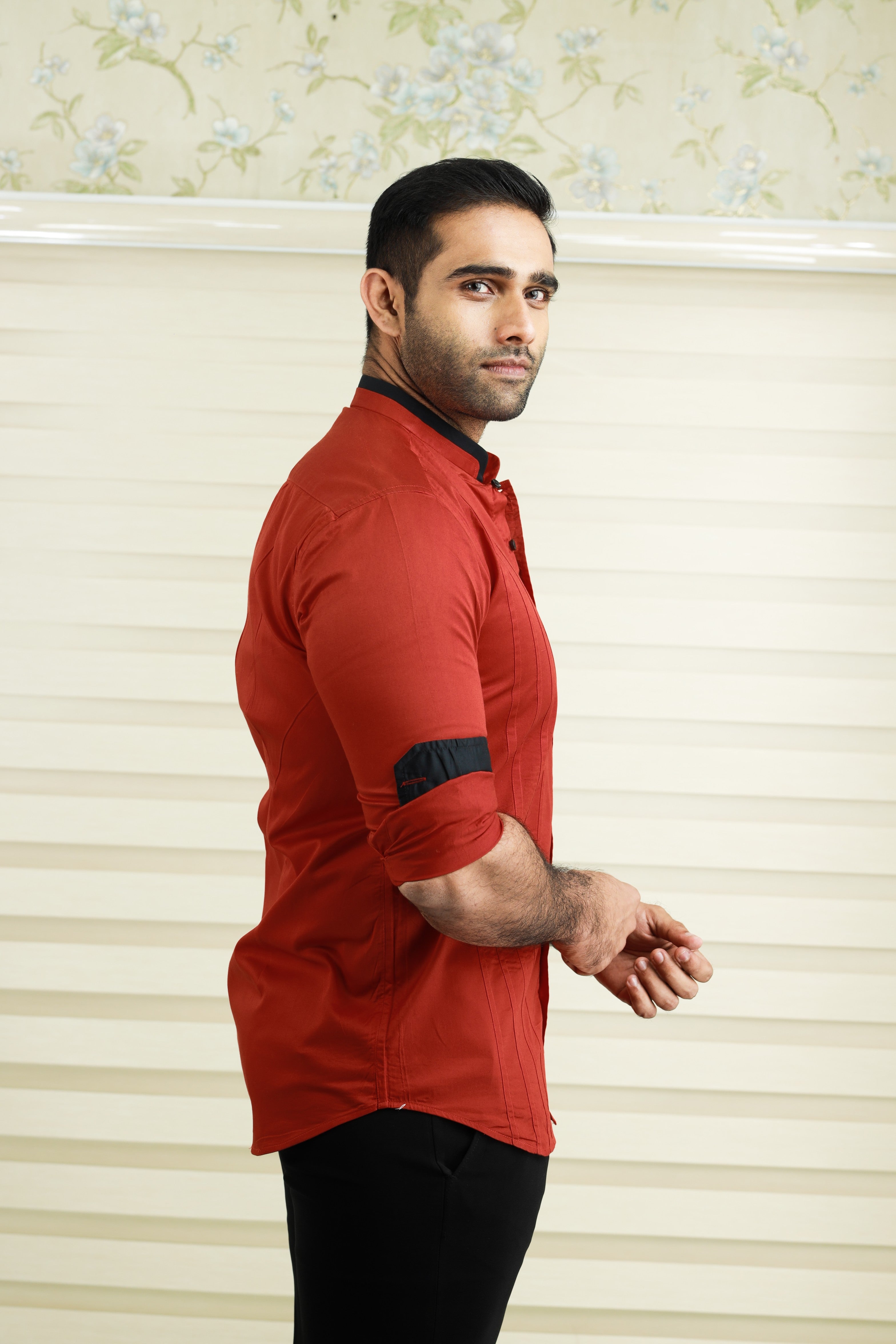 Crimson Red Chinese Collar Shirt with Black Contrast Detailing on Neck, placket & Cuff