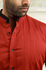Crimson Red Chinese Collar Shirt with Black Contrast Detailing on Neck, placket & Cuff (Only Shirt)