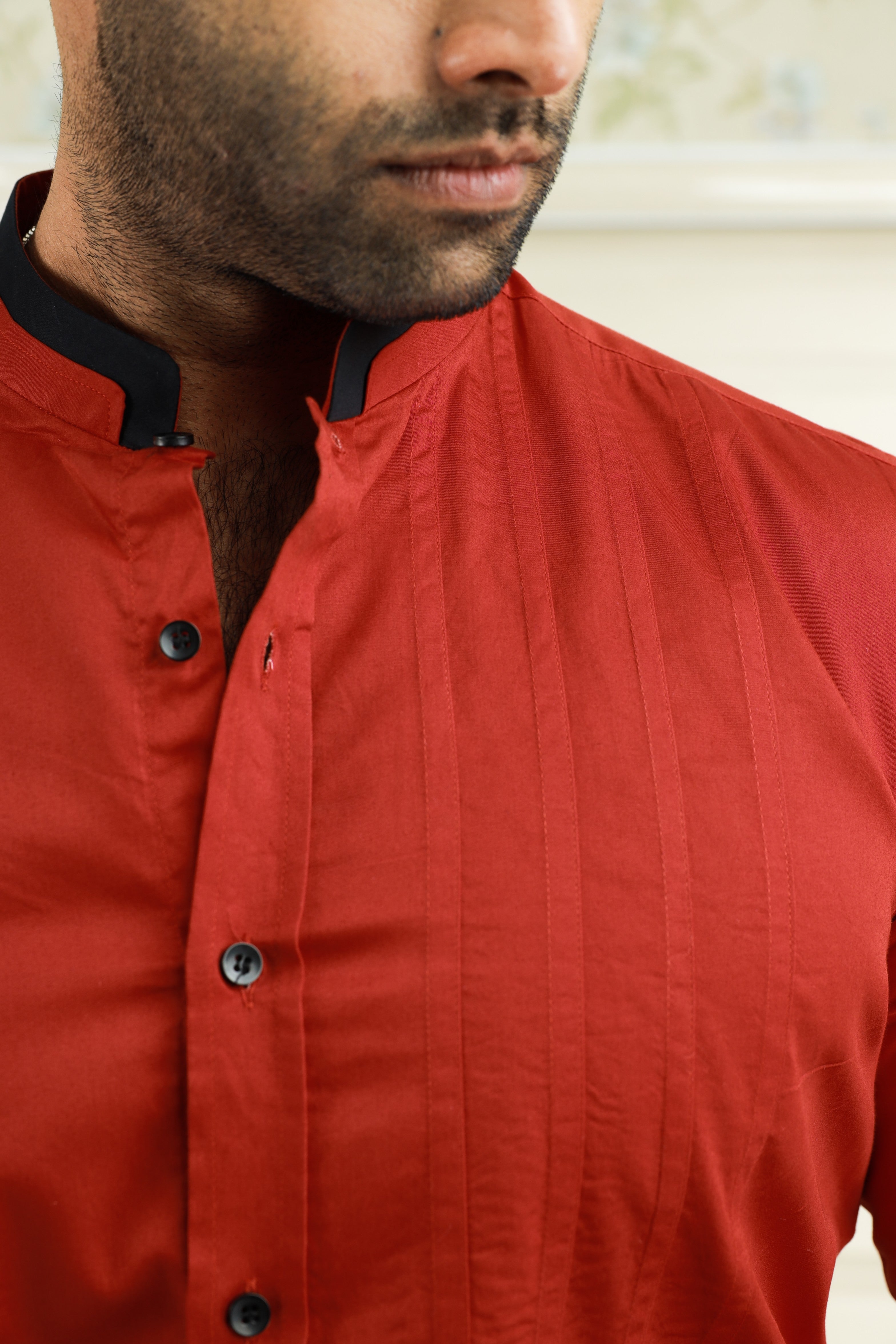 Crimson Red Chinese Collar Shirt with Black Contrast Detailing on Neck, placket & Cuff