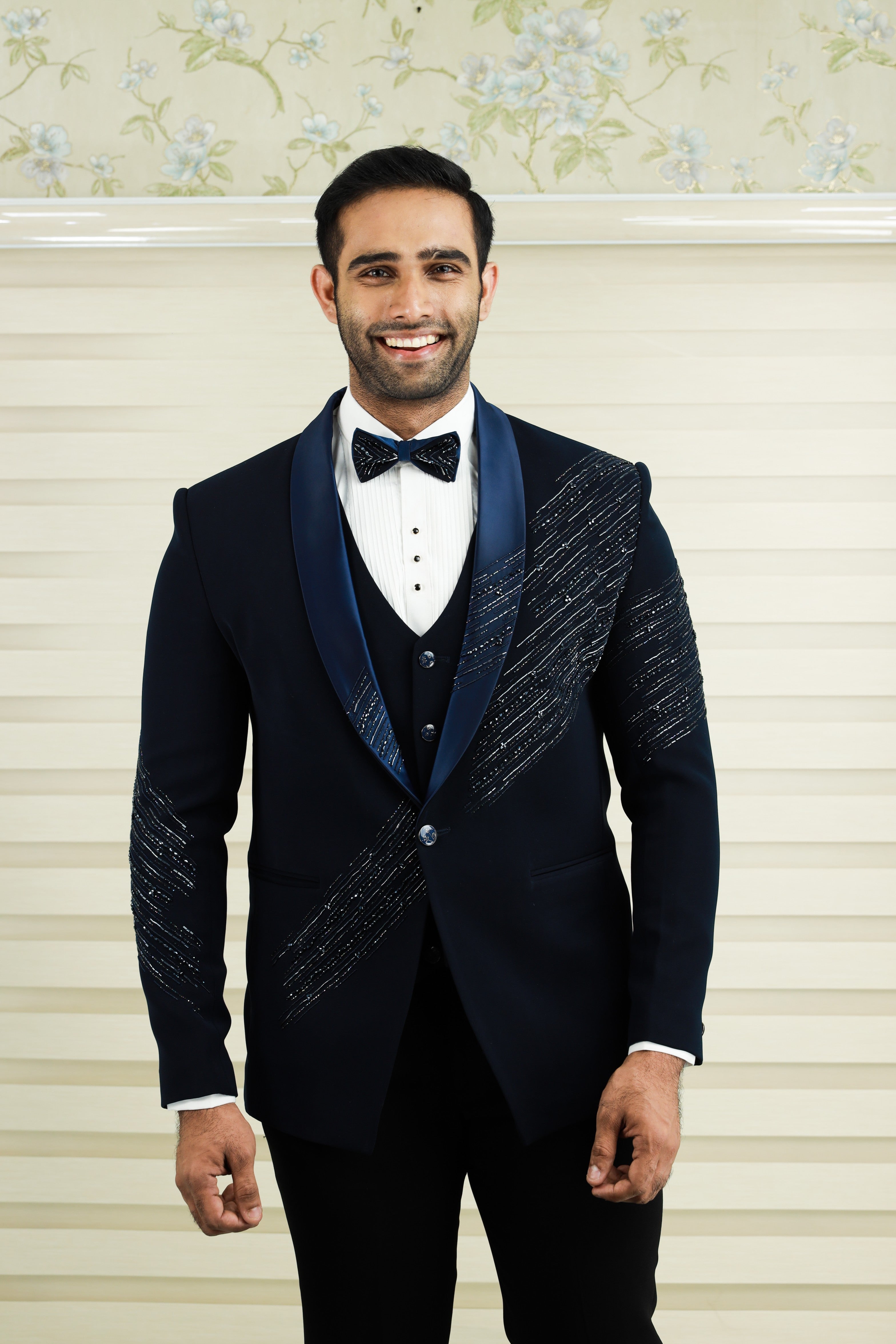 Oxford Blue 3 Piece Tuxedo Suit With Heavy Handwork Detailing