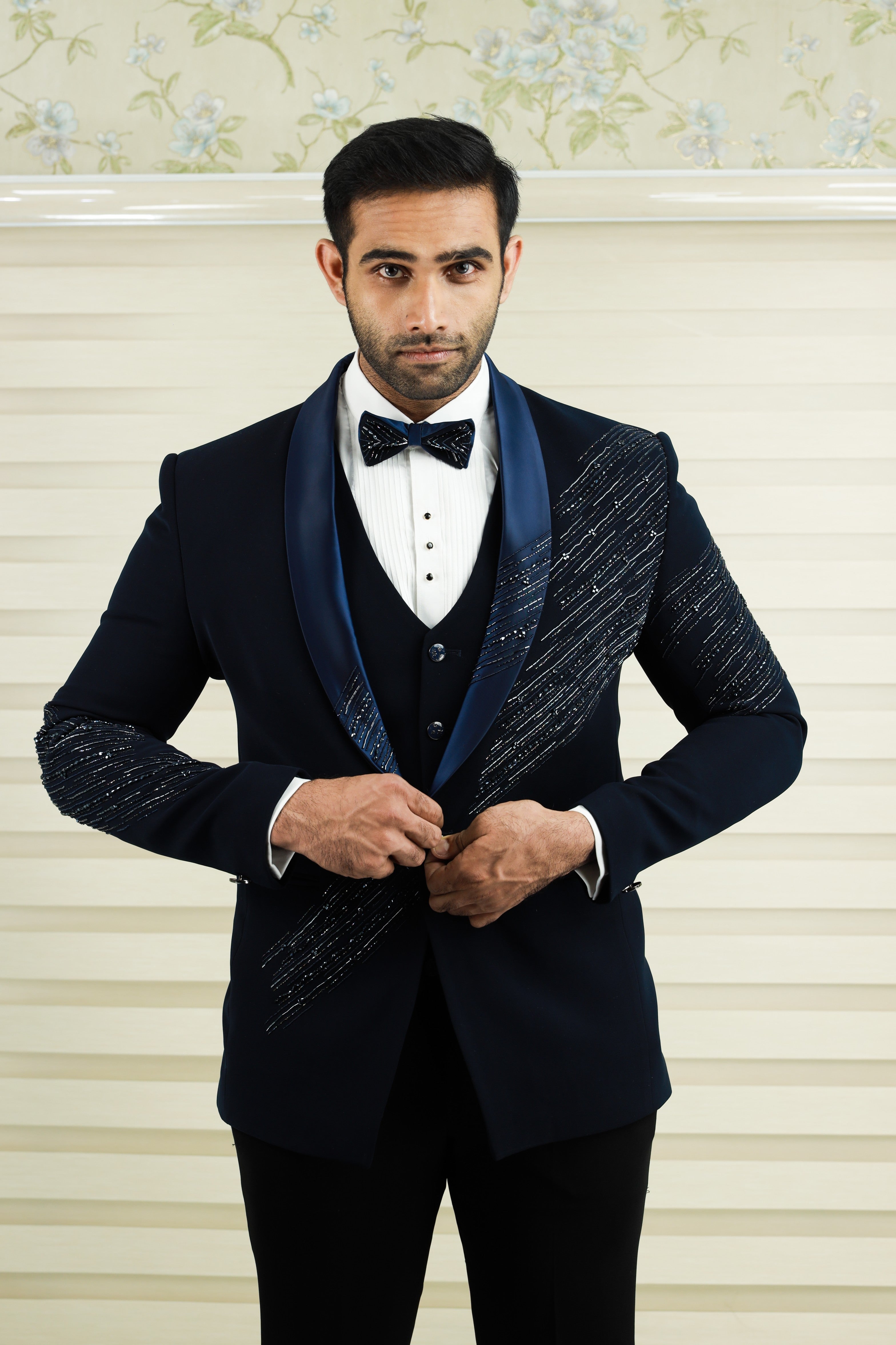 Oxford Blue 3 Piece Tuxedo Suit With Heavy Handwork Detailing