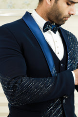 Oxford Blue 3 Piece Tuxedo Suit With Heavy Handwork Detailing