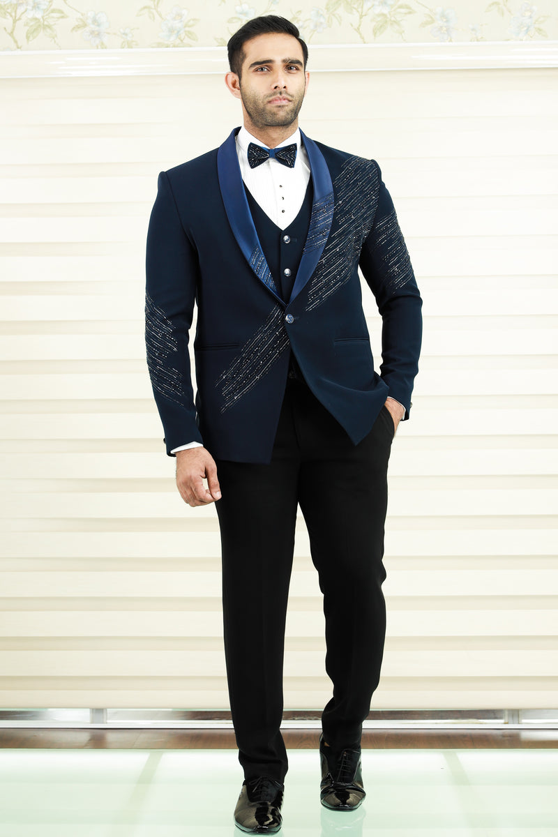 Oxford Blue 3 Piece Tuxedo Suit With Heavy Handwork Detailing