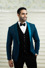 Teal Blue 3 Piece Tuxedo Suit detailied with Shoulder Embroidery paired with Contrast Black Waistcoat