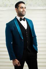 Teal Blue 3 Piece Tuxedo Suit detailied with Shoulder Embroidery paired with Contrast Black Waistcoat