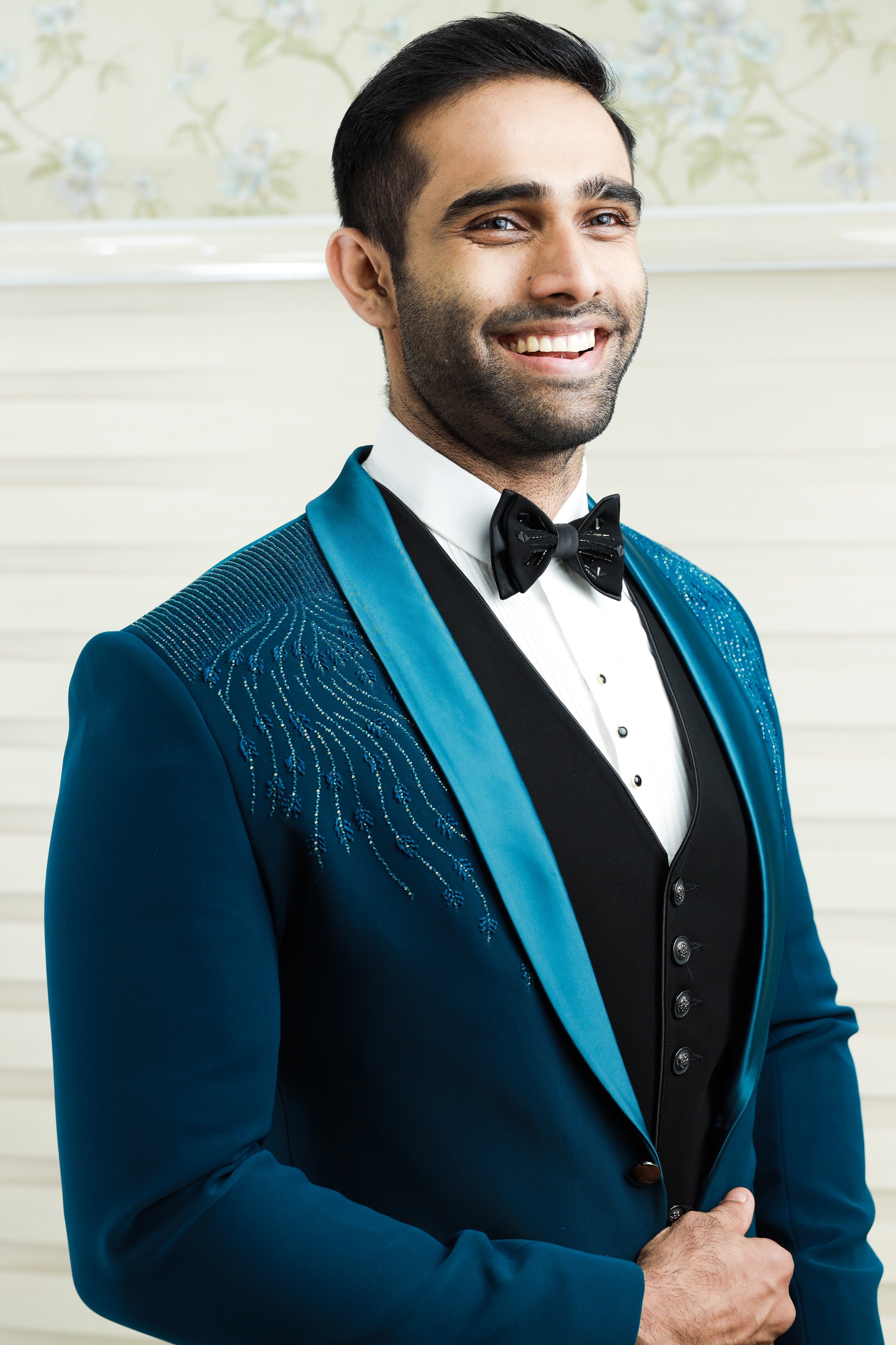 Teal Blue 3 Piece Tuxedo Suit detailied with Shoulder Embroidery paired with Contrast Black Waistcoat