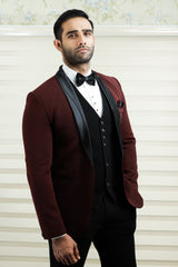 Maroon Red 3 Piece Tuxedo Suit with Black Contrast Waistcoat & Pants