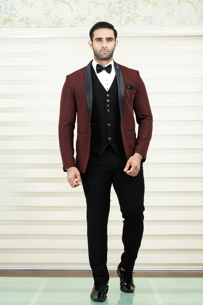 Maroon Red 3 Piece Tuxedo Suit with Black Contrast Waistcoat & Pants