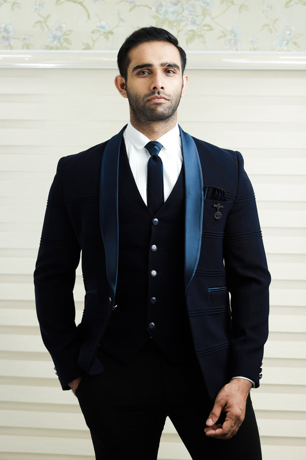 Prussian Blue 3 Piece Tuxedo Suit with Horizontal Tuck Detailing