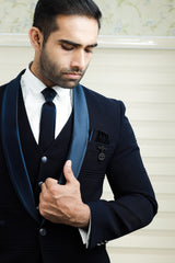 Prussian Blue 3 Piece Tuxedo Suit with Horizontal Tuck Detailing