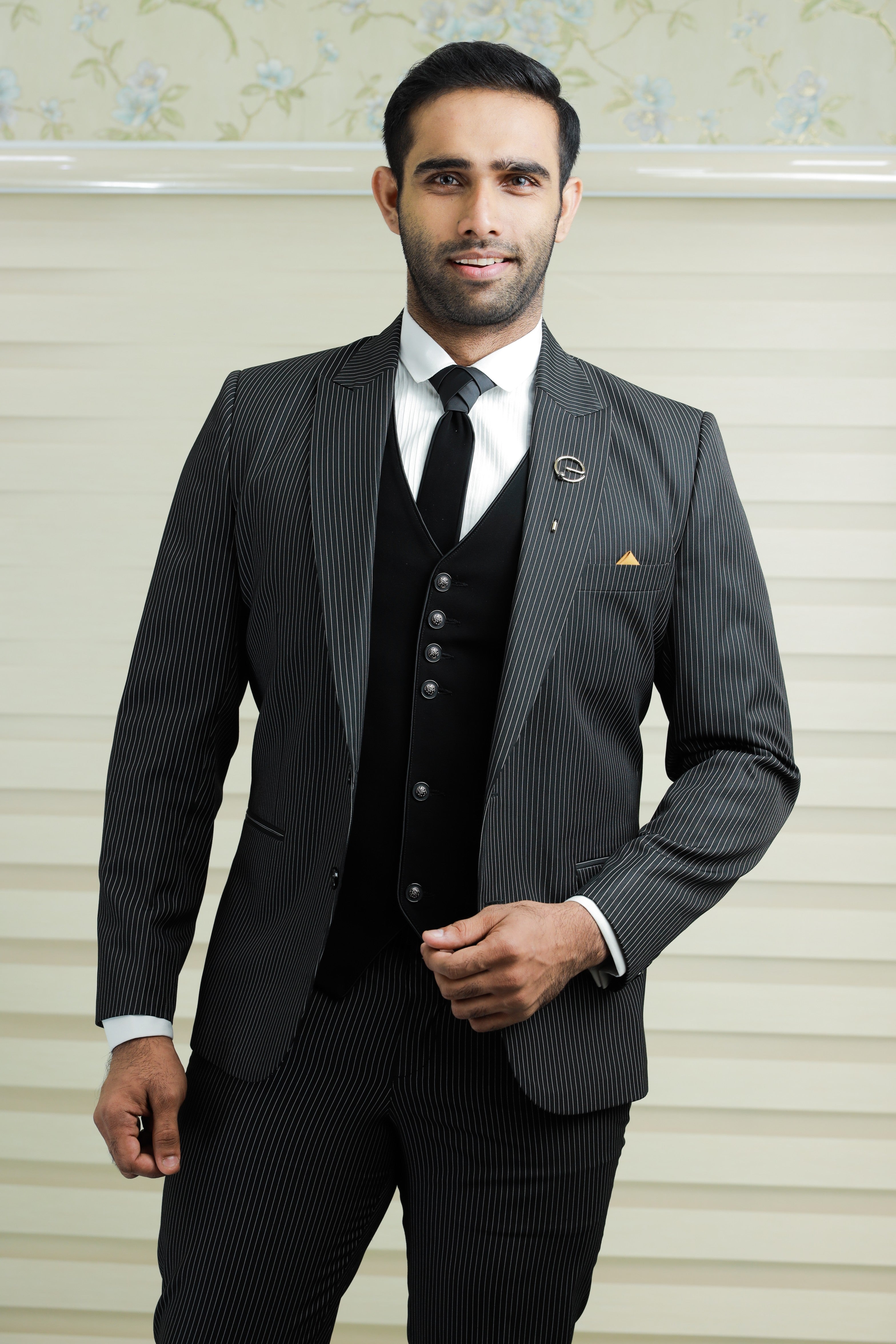 Pin Stripe Grey 3 Piece  Suit with  Black Contrast Waistcoat & Pants