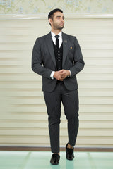 Pin Stripe Grey 3 Piece  Suit with  Black Contrast Waistcoat & Pants