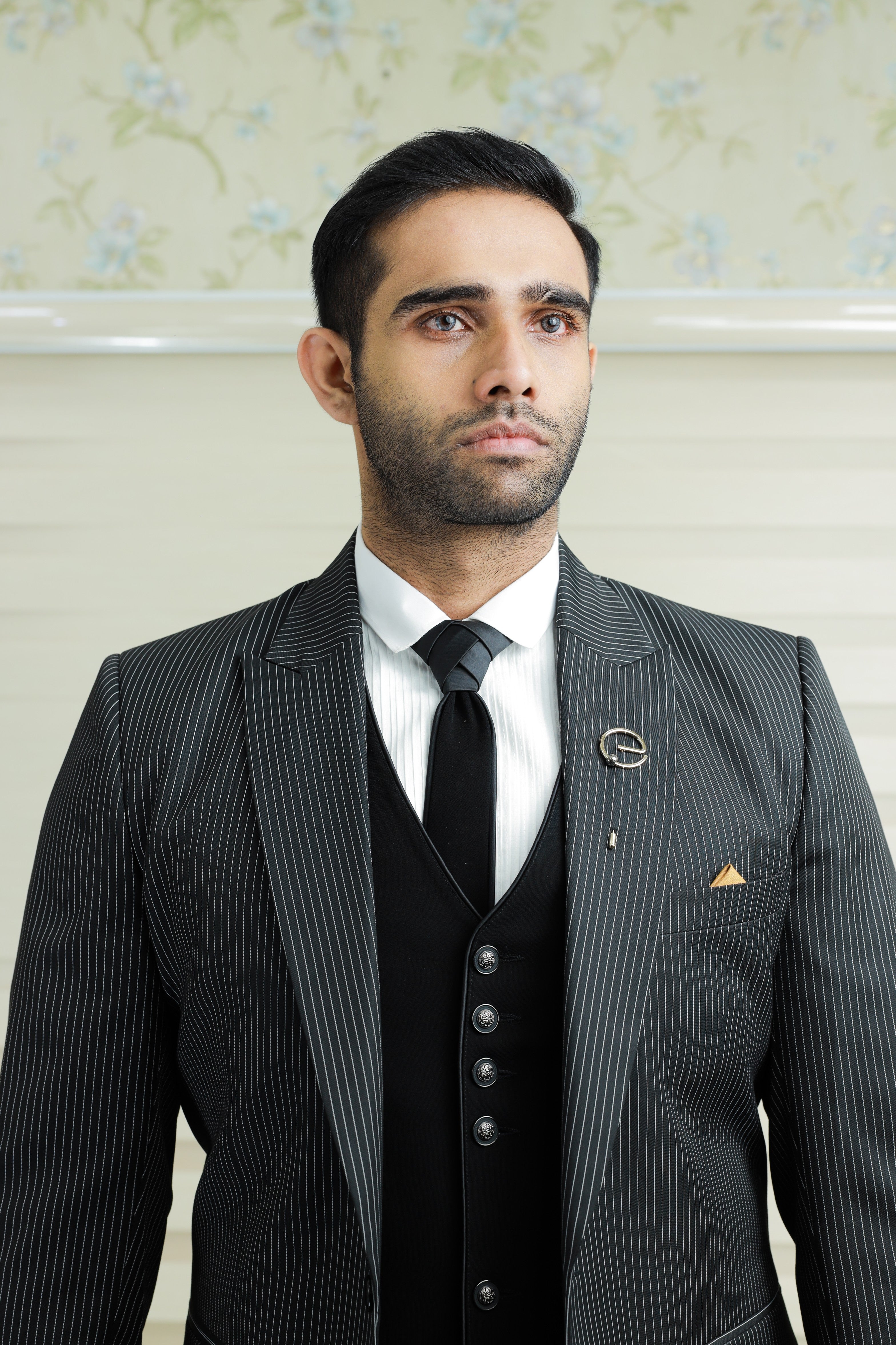 Pin Stripe Grey 3 Piece  Suit with  Black Contrast Waistcoat & Pants