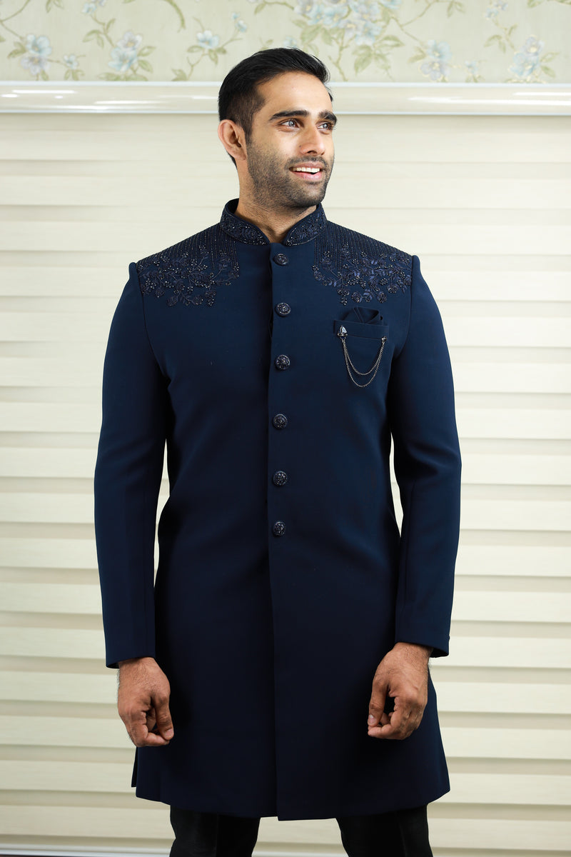 Oxford Blue Indo Western Achkan Suit With Bead & Thread Handwork Detailing paired with Black Narrow Pants