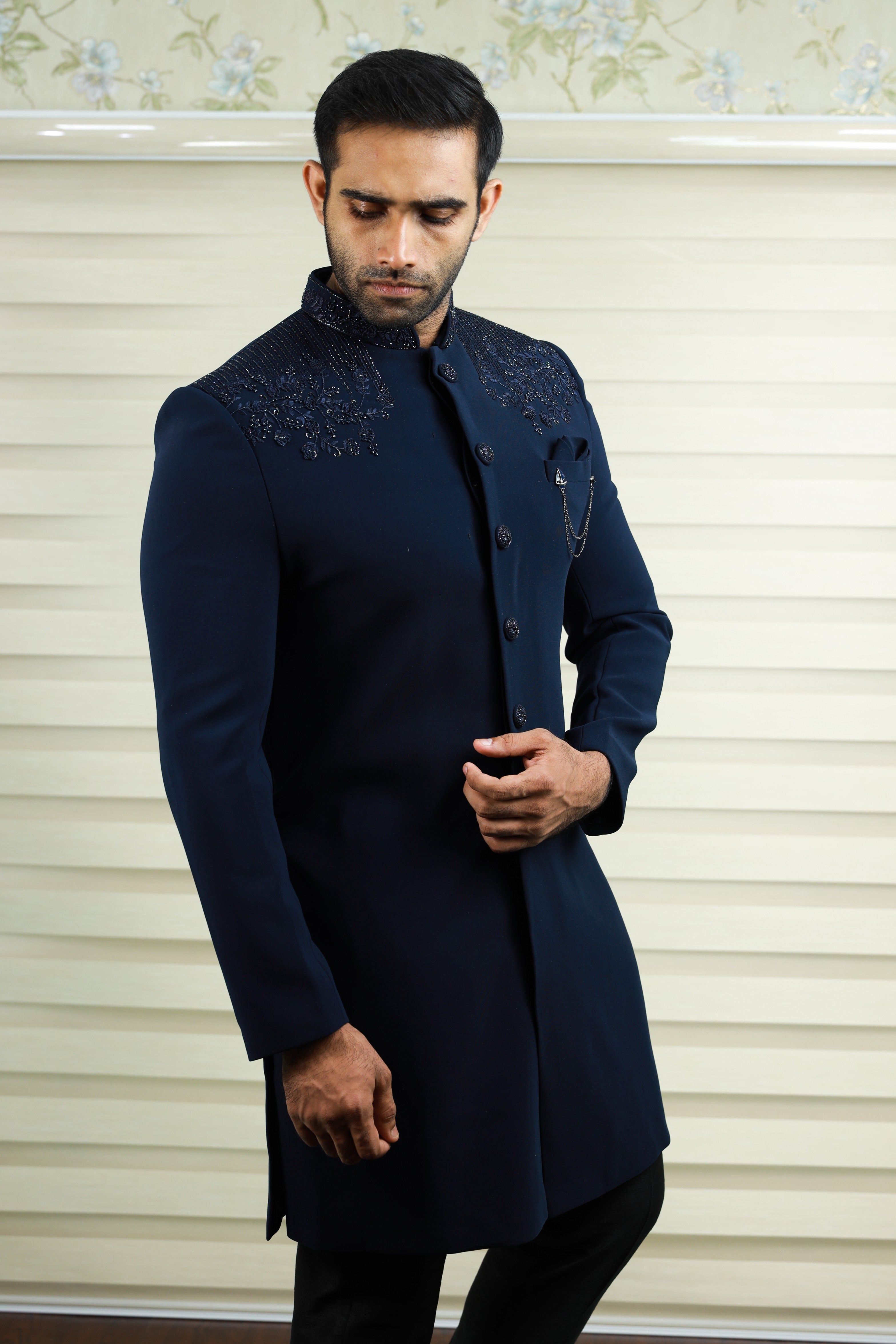 Oxford Blue Indo Western Achkan Suit With Bead & Thread Handwork Detailing paired with Black Narrow Pants