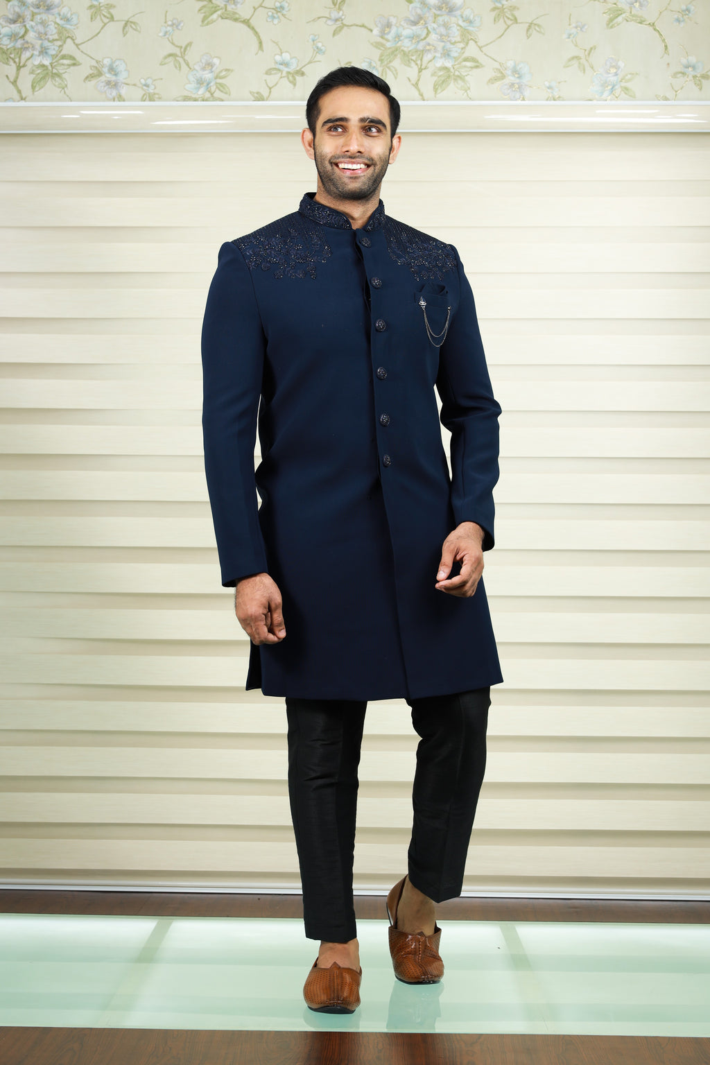 Silk Blend Chevron Pattern Achkan Coat With Pant Style Viscose Pajama   Exotic India Art