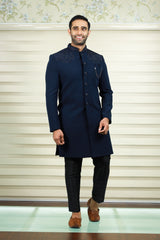 Oxford Blue Indo Western Achkan Suit With Bead & Thread Handwork Detailing paired with Black Narrow Pants