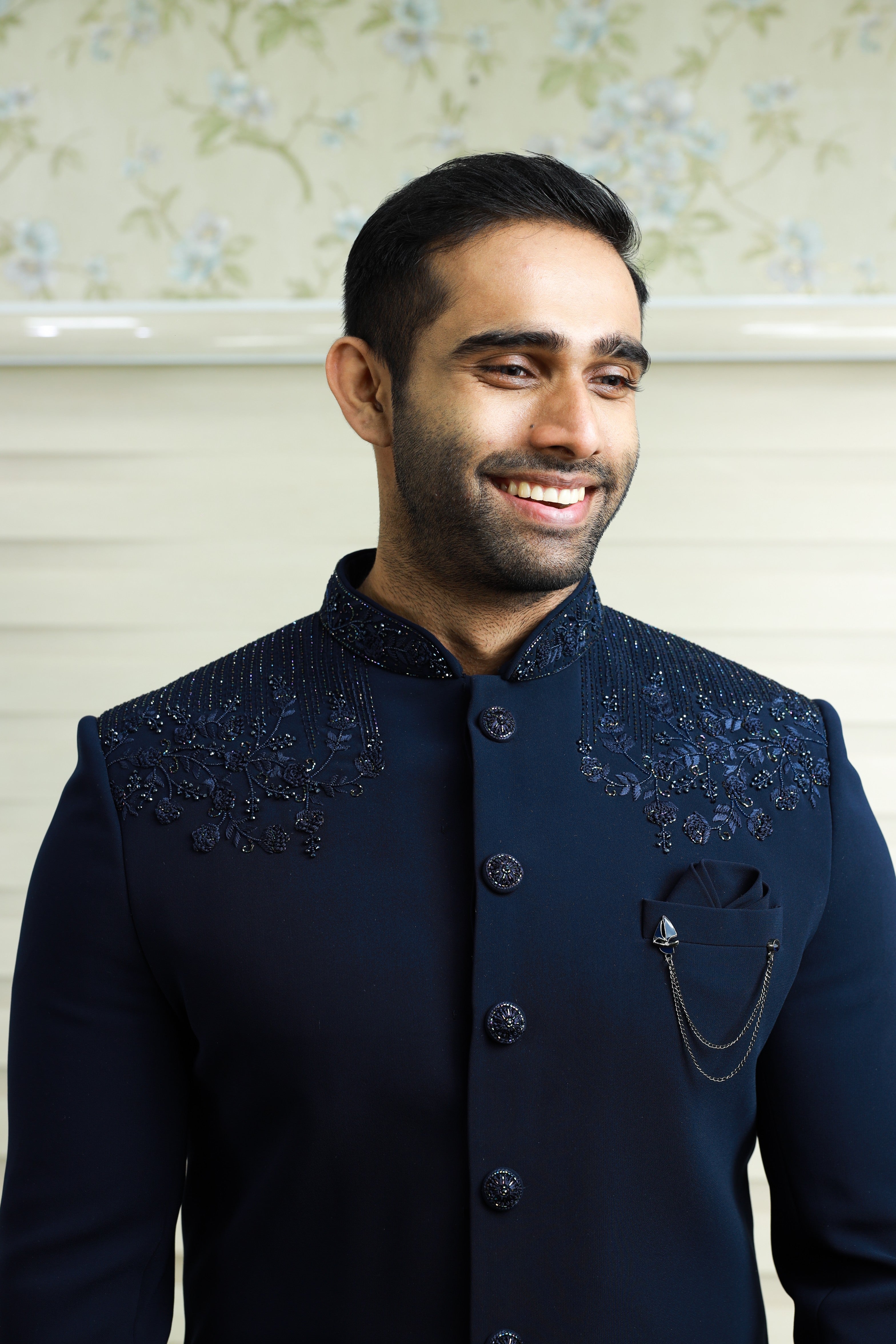 Oxford Blue Indo Western Achkan Suit With Bead & Thread Handwork Detailing paired with Black Narrow Pants