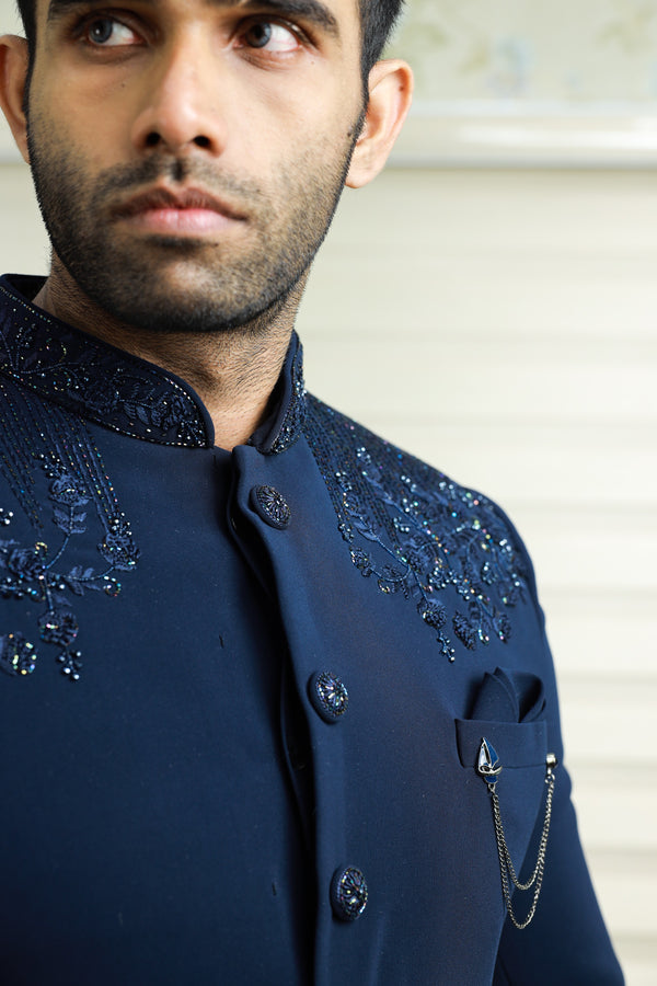Oxford Blue Indo Western Achkan Suit With Bead & Thread Handwork Detailing paired with Black Narrow Pants