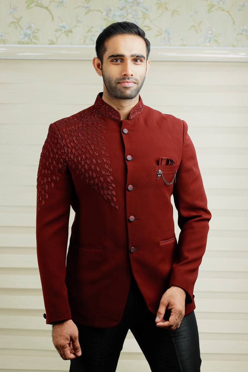 Barn Red Indo Western Bandhgala Suit With Thread Handwork Detailing paired with Black Narrow Pants