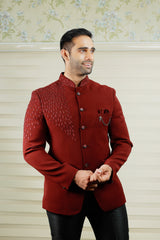 Barn Red Indo Western Bandhgala Suit With Thread Handwork Detailing paired with Black Narrow Pants