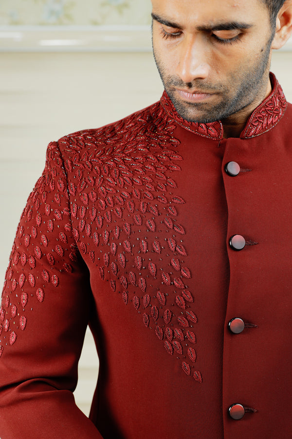Barn Red Indo Western Bandhgala Suit With Thread Handwork Detailing paired with Black Narrow Pants