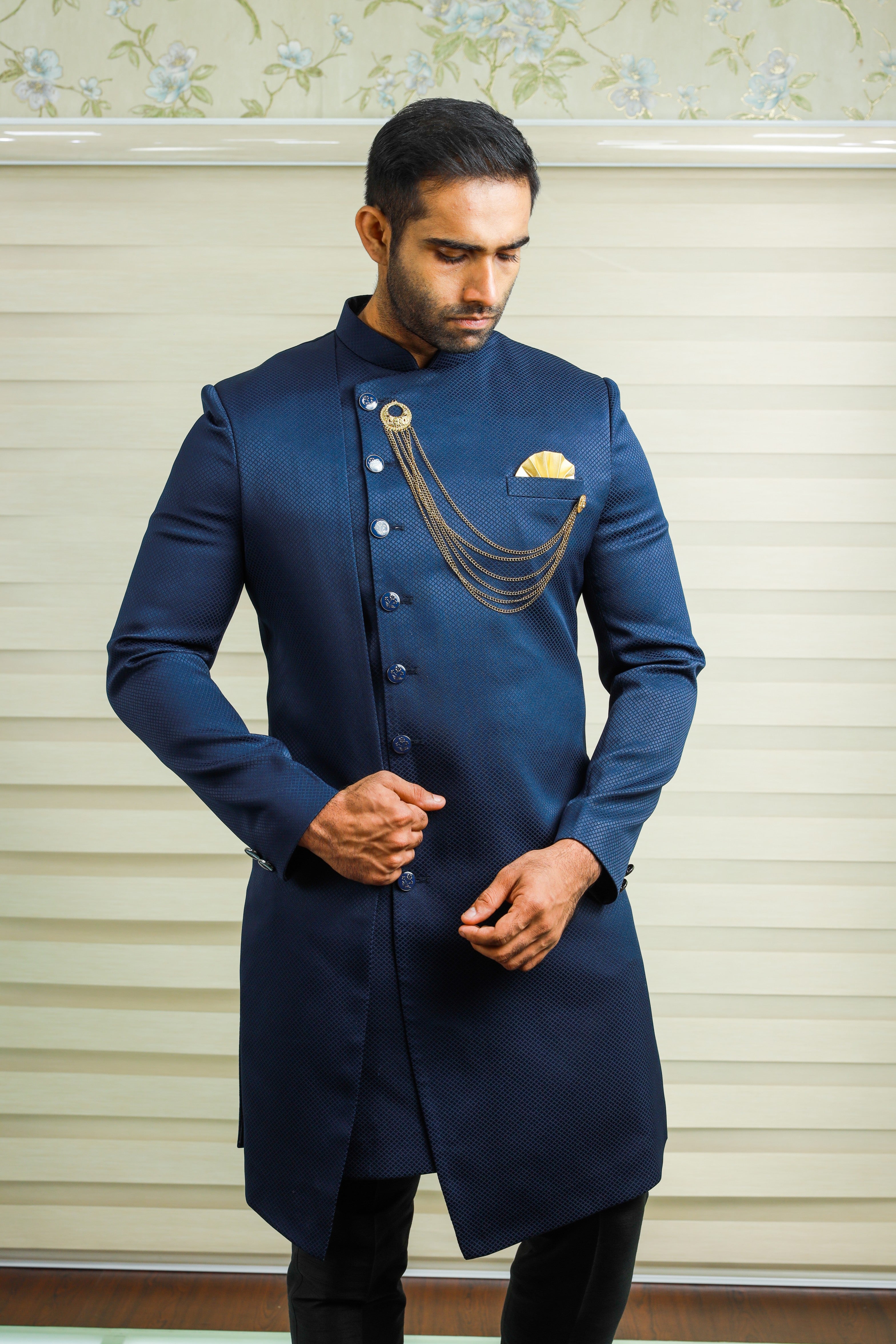 Prussian Blue Indo Western Side Open Achkan Suit with Black Narrow Pants