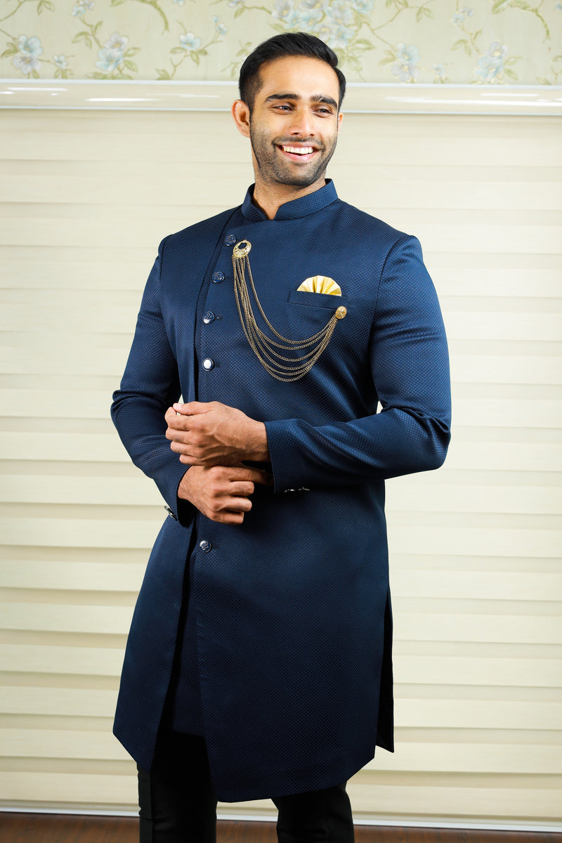 Prussian Blue Indo Western Side Open Achkan Suit with Black Narrow Pants