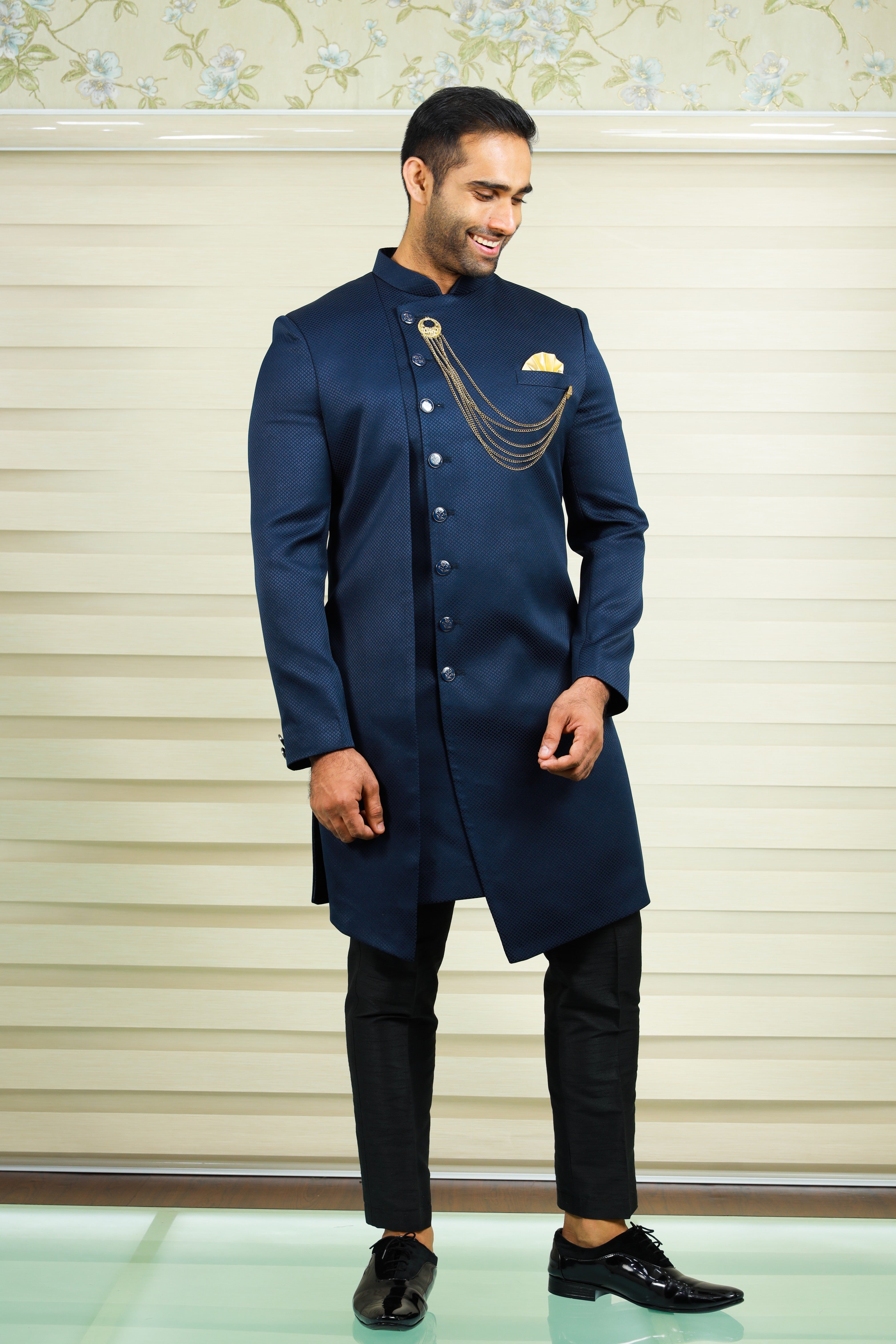 Prussian Blue Indo Western Side Open Achkan Suit with Black Narrow Pants