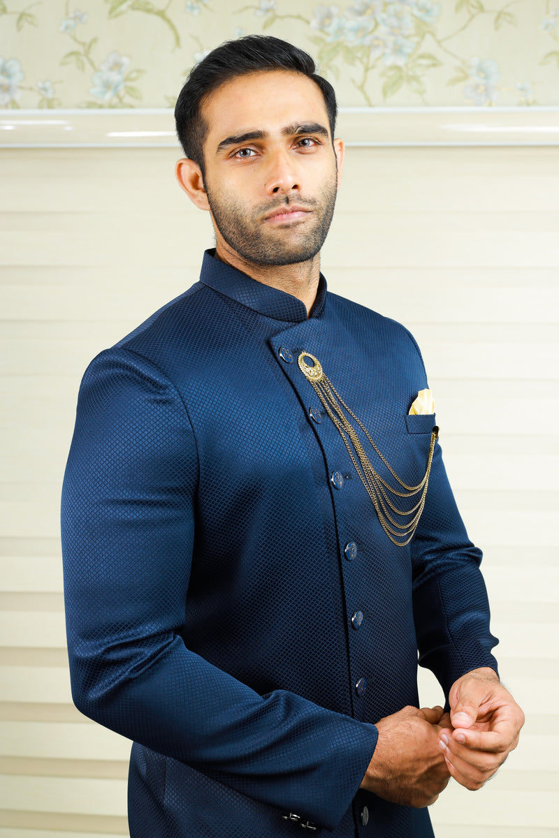 Prussian Blue Indo Western Side Open Achkan Suit with Black Narrow Pants
